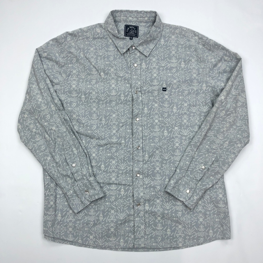 Fish Hippie Co Rumfront Mens XL Pearl Snap Linen Hemp Cotton Blend Shirt Blue